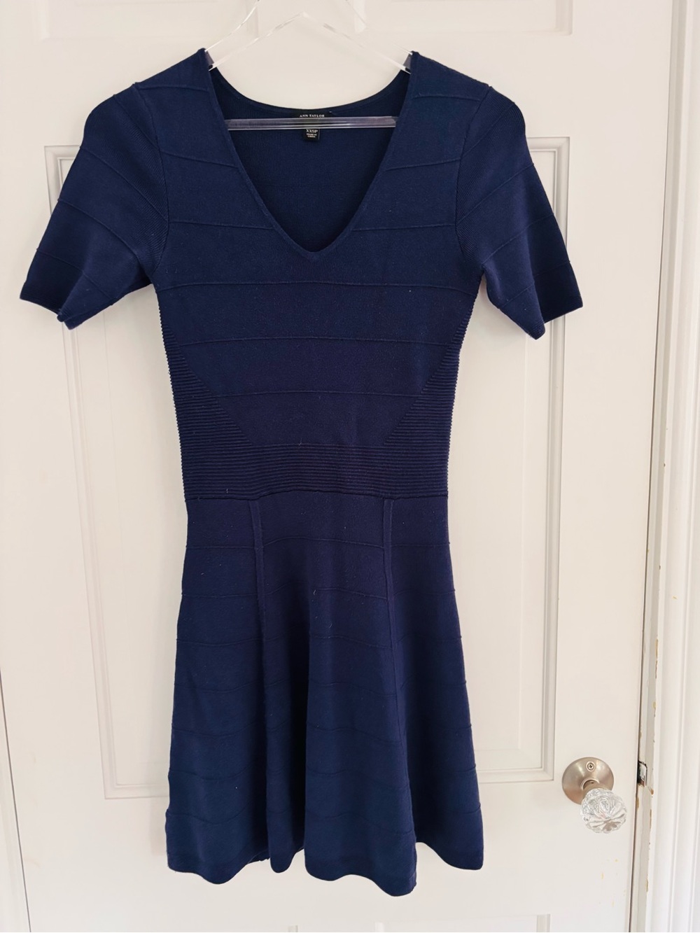 Ann Taylor Navy Short Sleeve V-Neck Fit & Flare Sweater Dress